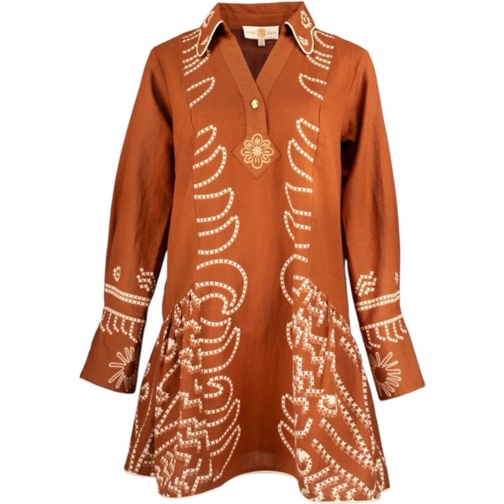 Anna Cate “Mina” Long Sleeve Embroidered Mini Dress in Choc Stitch